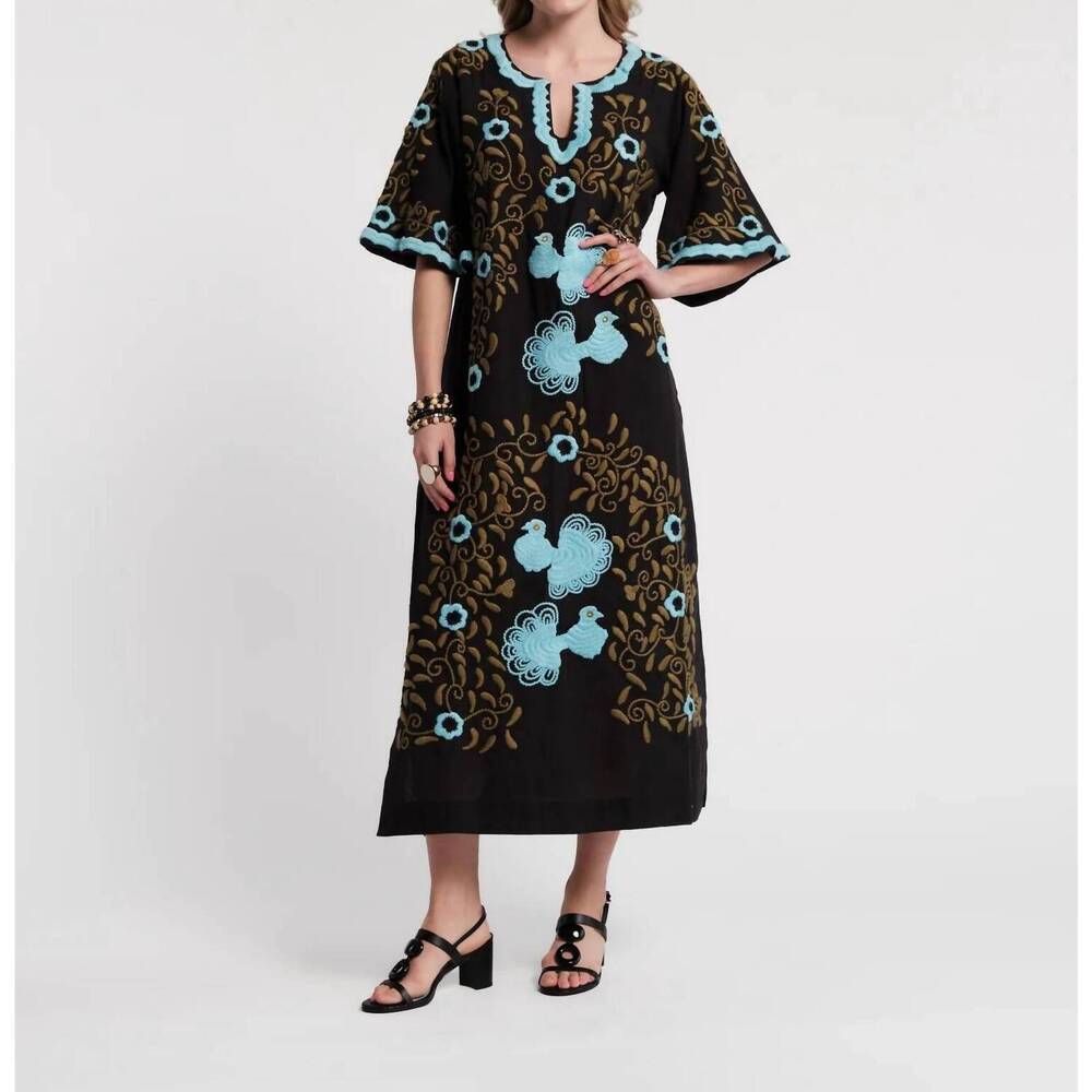 NEW FRANCES VALENTINE embroidered charming caftan dress in light blue/ black